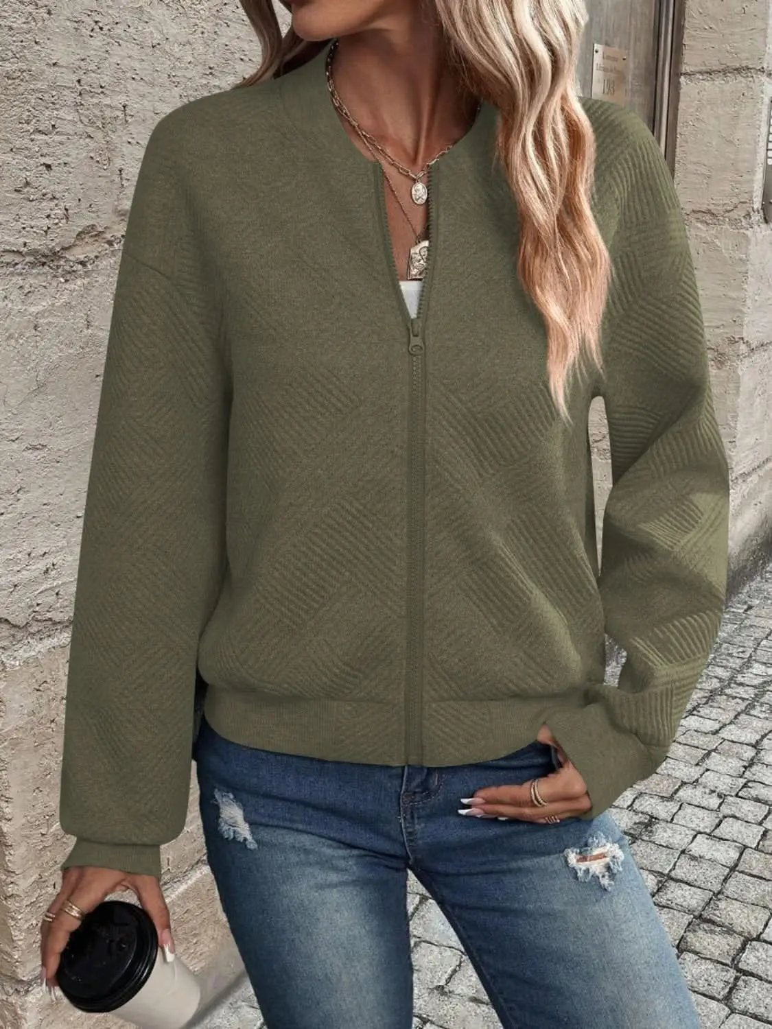 Chic zip-up jacket - long sleeve, 100% polyester - Love Salve